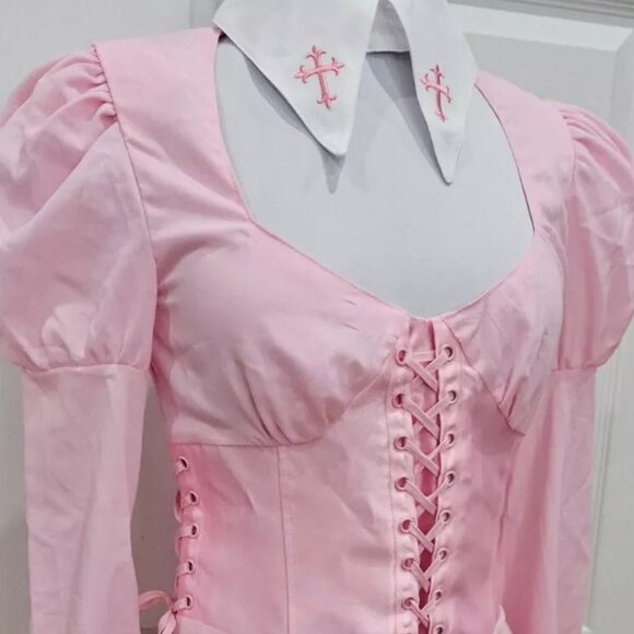 Dolls Kill Pink White Cross Sugar Thrillz Noble Hearted Corset lace up Dress S - Picture 3 of 8
